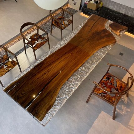 Black Walnut Ice Crystal Epoxy Resin Table 118"x 39.4"x 2" in Stock